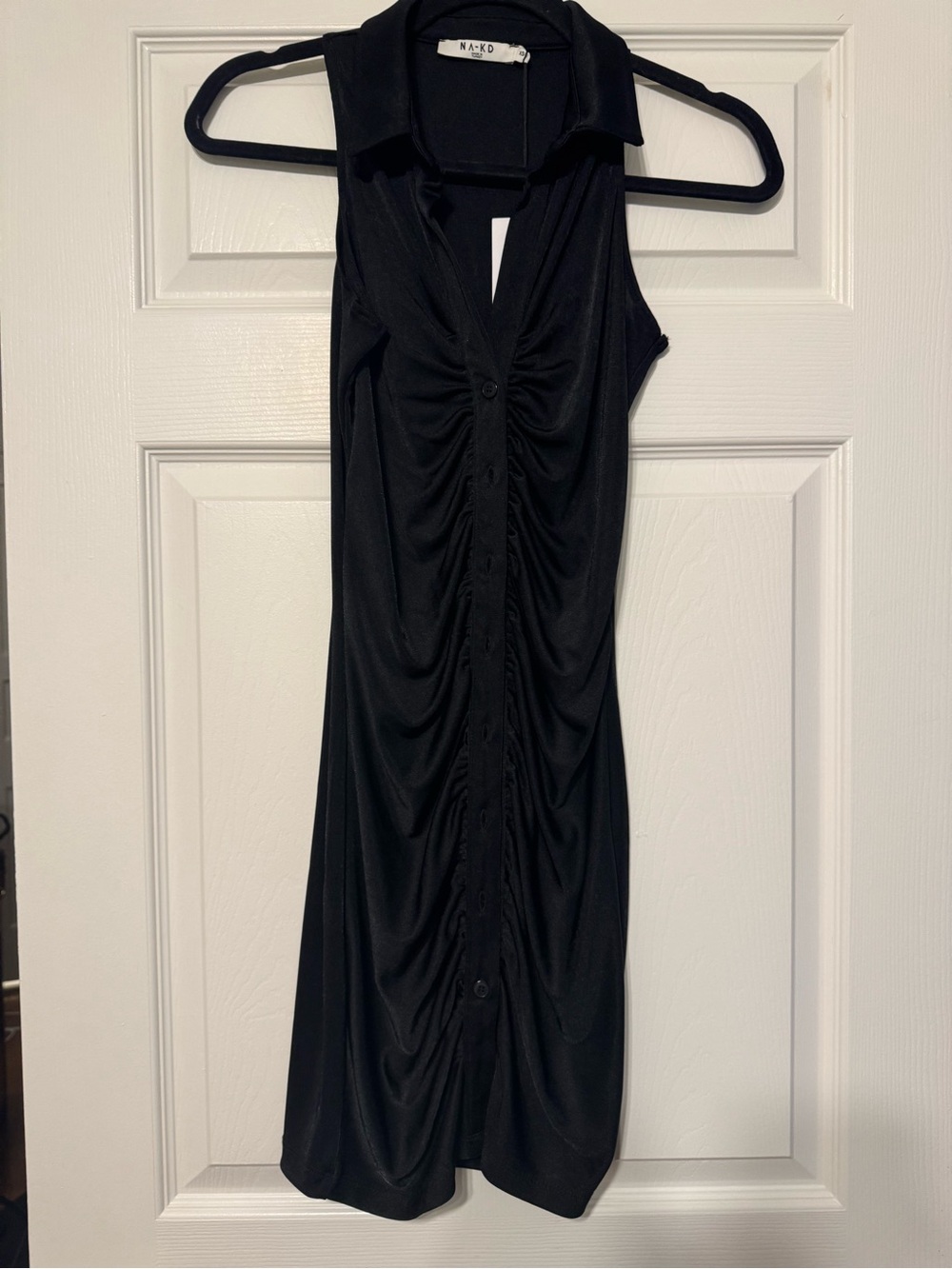 NWT Black Sleeveless Ruched Button-Front Dress, XS
